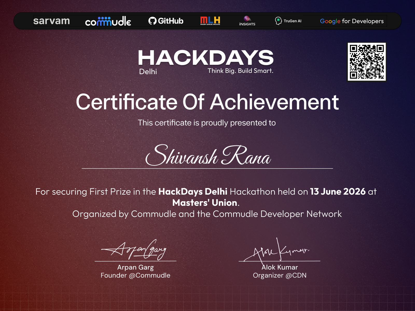 Shivansh Rana HackDays Delhi certificate, sample PNG certificate verified through Creadefy