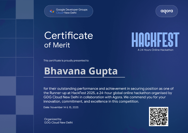 Bhavana Gupta Certificate — sample PNG certificate verified through Creadefy