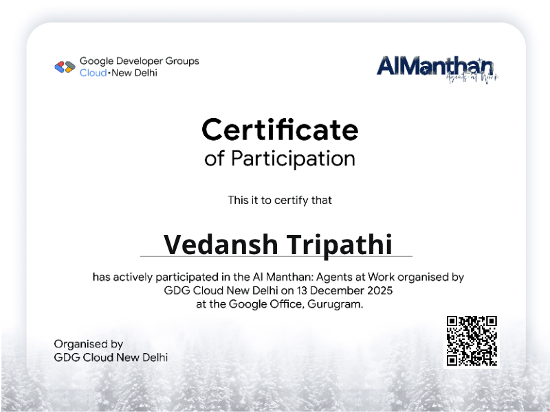 Vedansh Tripathi Certificate — sample PNG certificate verified through Creadefy