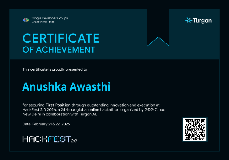 Anushka Awasthi Certificate — sample PNG certificate verified through Creadefy