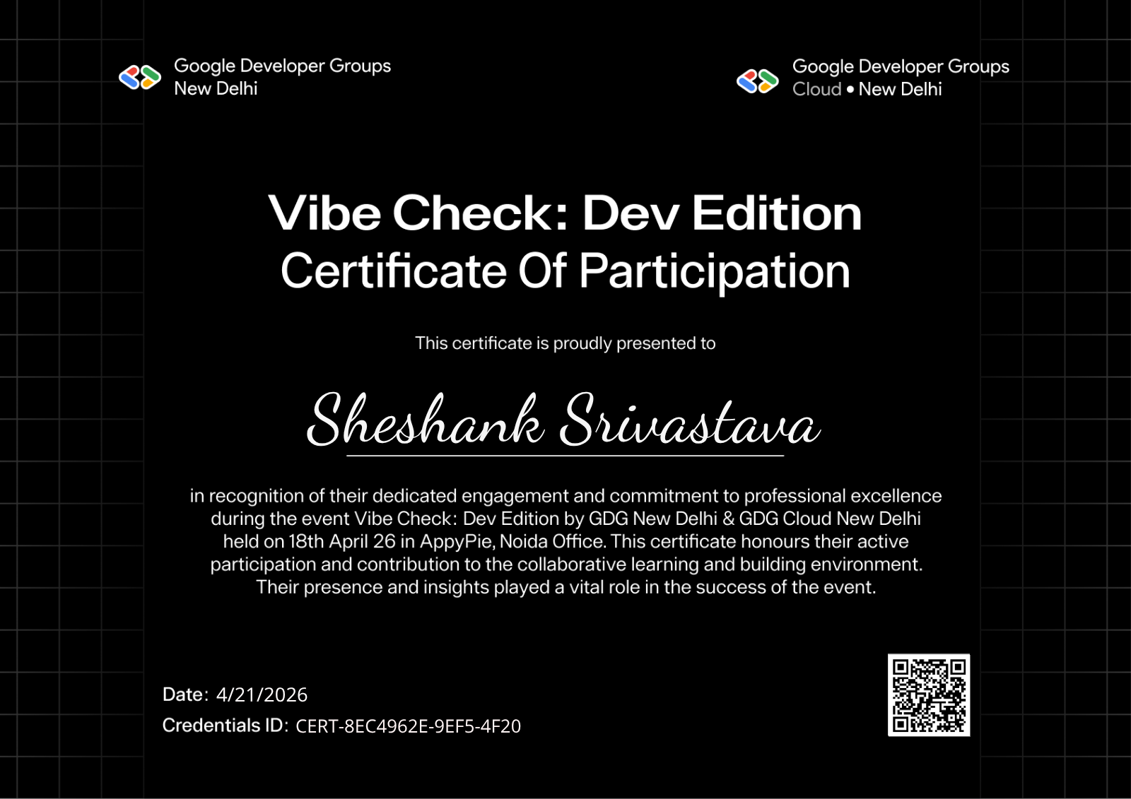 Sheshank Srivastava certificate — Vibe Check: Dev Edition — sample PNG certificate verified through Creadefy