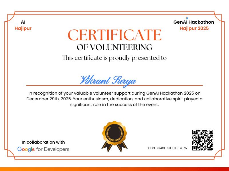 Vikrant Surya certificate — GenAI Hackathon Hajipur 2025 — sample PNG certificate verified through Creadefy